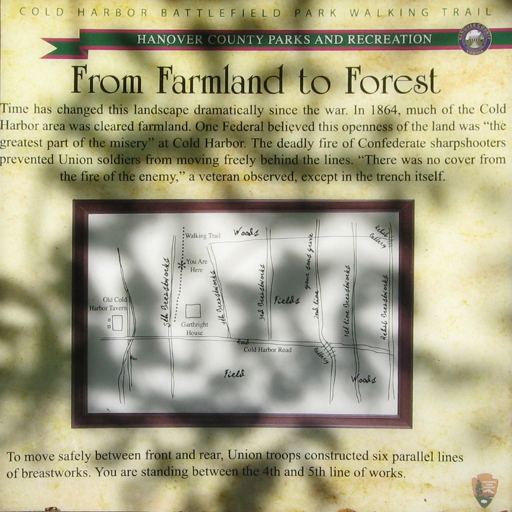 The 'From Farmland to Forest' wayside marker is in Hanover County Park on the Cold Harbor battlefield.