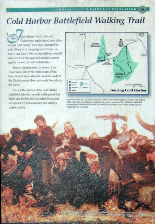 Cold Harbor Battlefield Walking Trail orientation marker in Hanover County Park on the Cold Harbor battlefield