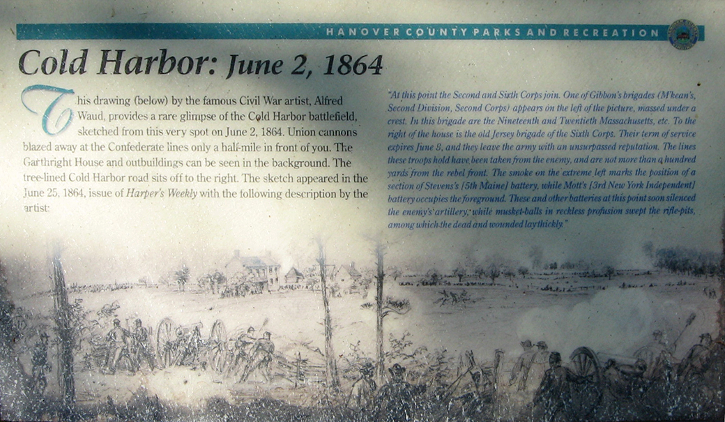 Closeup of the "Cold Harbor: June 2, 1864" wayside marker in Hanover County Park on the Cold Harbor battlefield