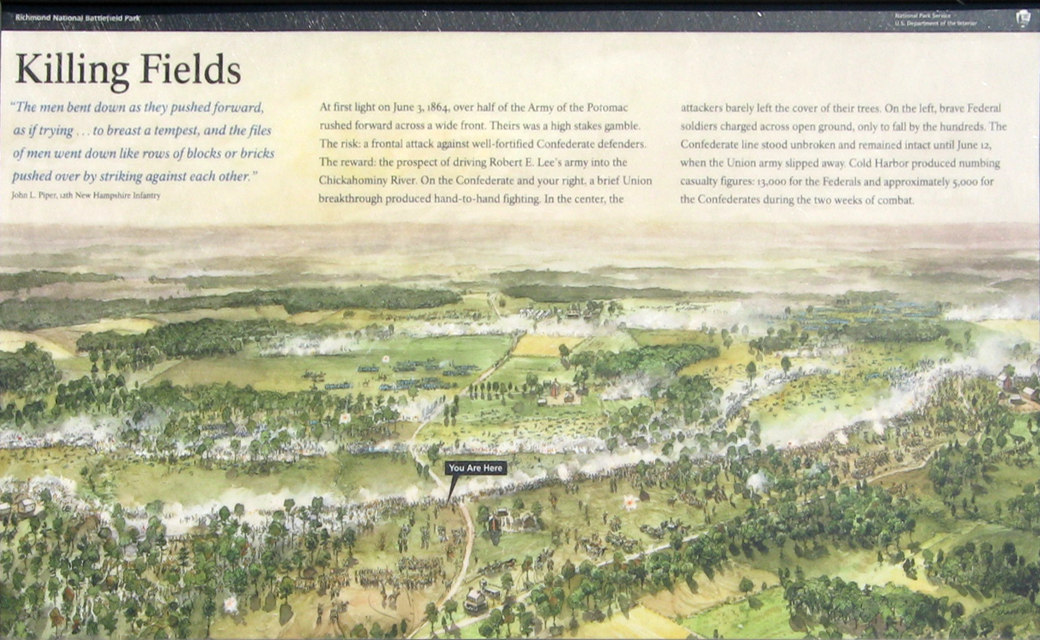 Closeup of the "Killing Fields " wayside marker on the Cold Harbor battlefield