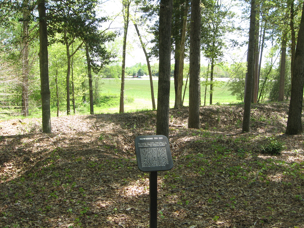 The "Nowhere to Go" trailside marker on the Cold Harbor battlefield