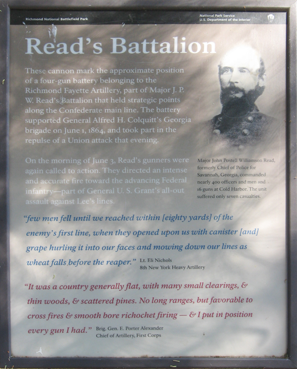 Closeup of the The "Read's Battalion " wayside marker on the Cold Harbor battlefield