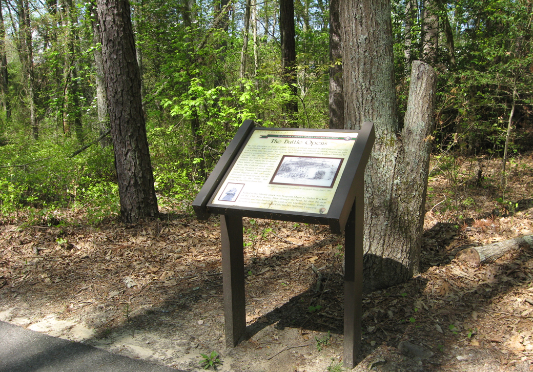 'The Battle Opens' wayside marker in Hanover County Park on the Cold Harbor battlefield.