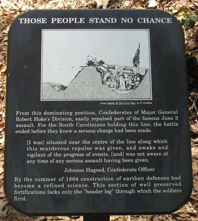Closeup of the "Those People Stand No Chance" wayside marker on the Cold Harbor battlefield outside Richmond