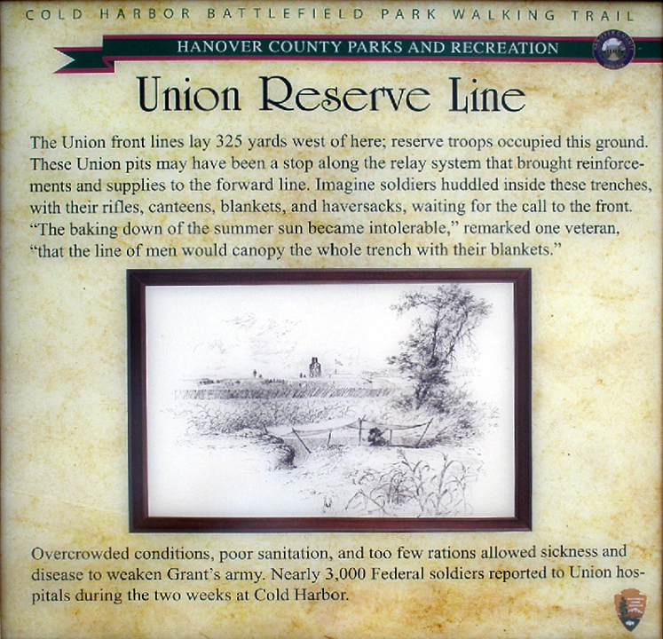 The 'Union Reserve Line' wayside marker in Hanover County Park on the Cold Habor battlefield..