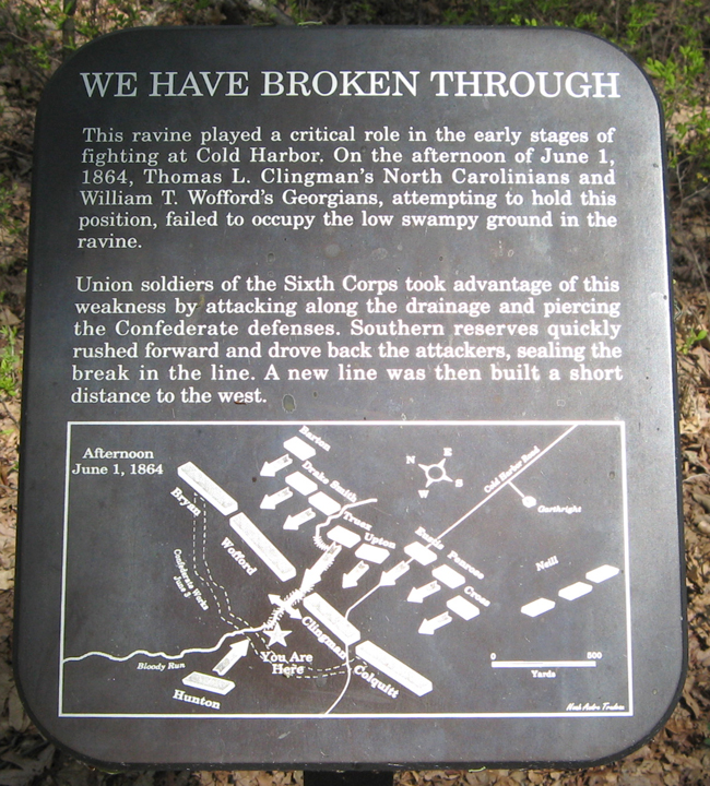 Closeup of the The "We Have Broken Through" trailside marker on the Cold Harbor battlefield