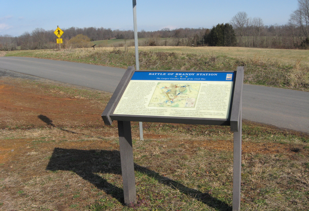 The Largest Cavalry Battle of the Civil War wayside marker on the Brandy Station battlefield.