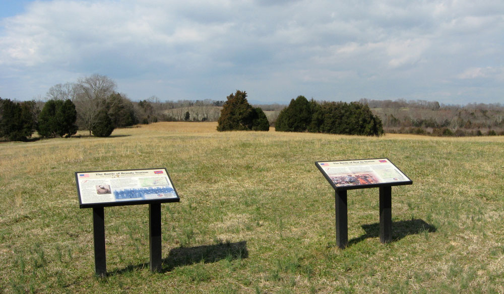The Stone Wall on the Cunningham Farm and Rooney Lee's Fighting Retreat wayside markers on Buford's Knoll on the Brandy Station battlefield