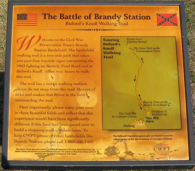Closeup of the Buford's Knoll trail marker on the Brandy Station battlefield
