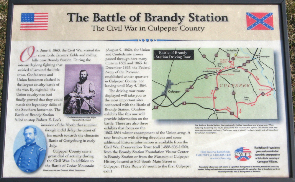 Closeup of the Battle of Brandy Station -The Civil War in Culpeper County wayside marker on the Buford's Knoll walking trail.