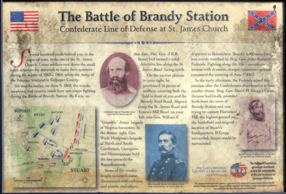 Closeup of the Confederate Line of Defense at St. James Church wayside marker on the Brandy Station battlefield