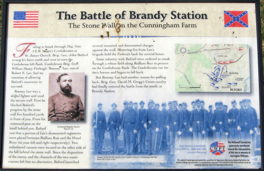 Closeup of The Stone Wall on the Cunningham Farm wayside marker on Buford's Knoll on the Brandy Station battlefield