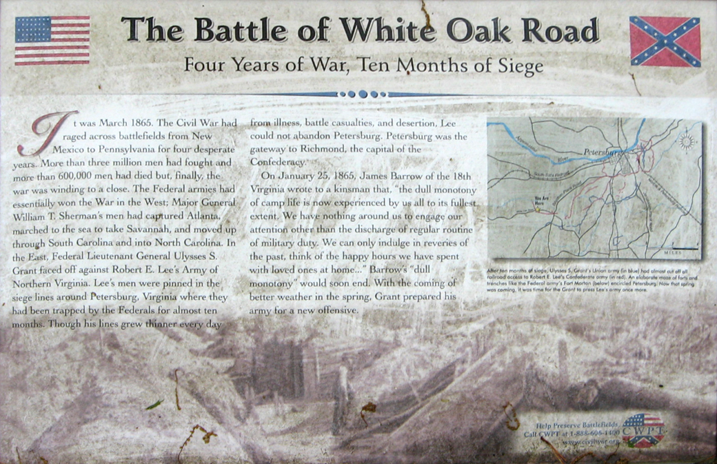 Closeup of the 'Four Years of War, Ten Months of Siege' wayside marker along the White Oak Road battlefield trail outside Petersburg, Virginia