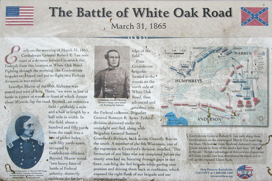 Closeup of the 'March 31, 1865' wayside marker on the White Oak Road battlefield outside Petersburg, Virginia