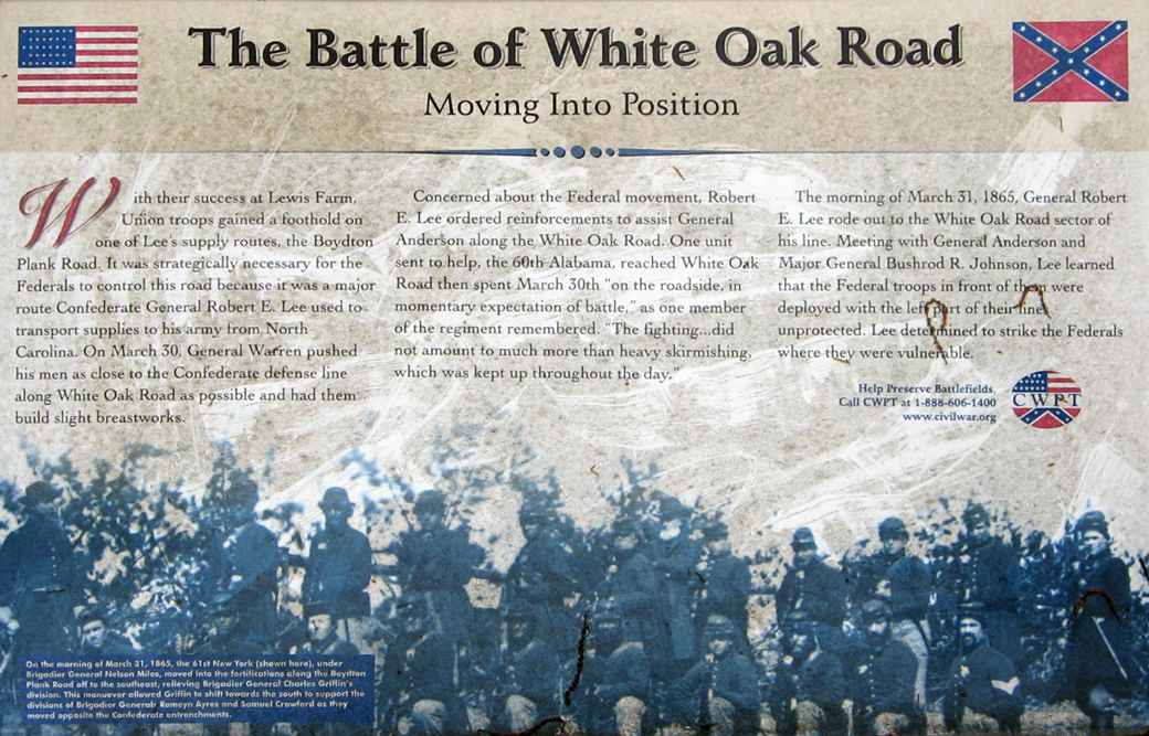 Closeup of the 'Moving Into Position' wayside marker on the White Oak Road battlefield outside Petersburg, Virginia