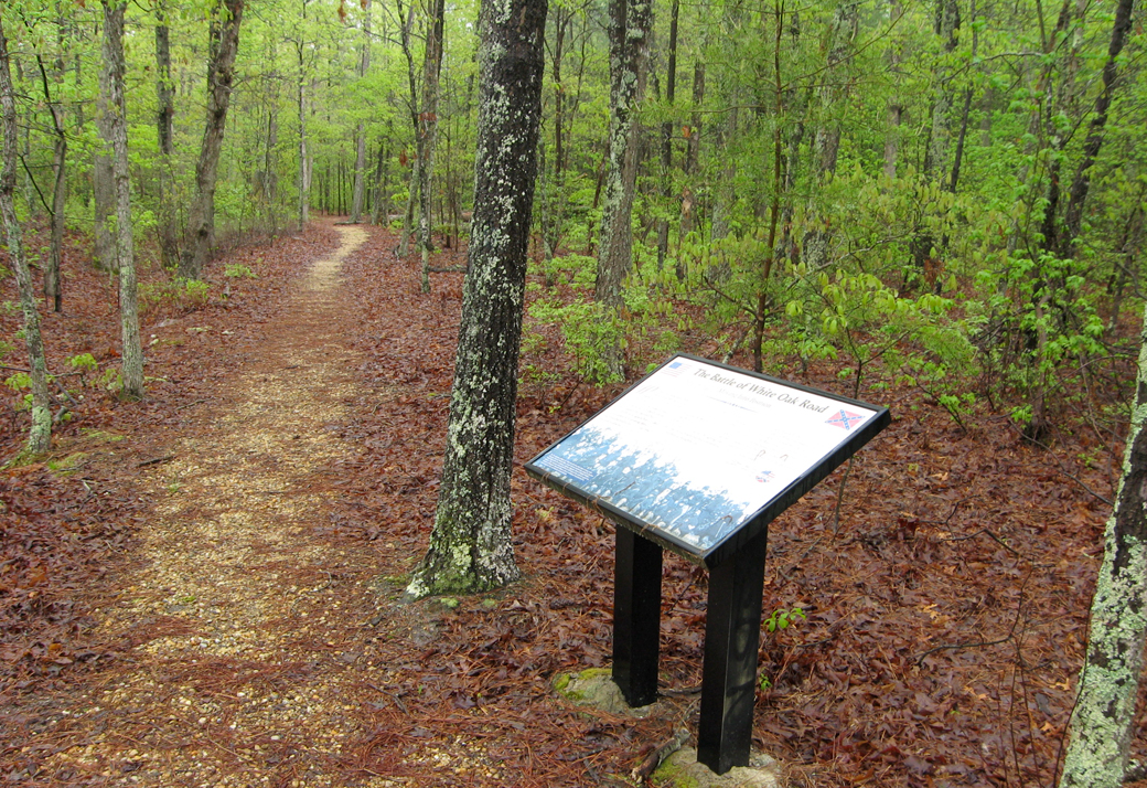 'Moving Into Position' wayside marker on the White Oak Road battlefield outside Petersburg, Virginia
