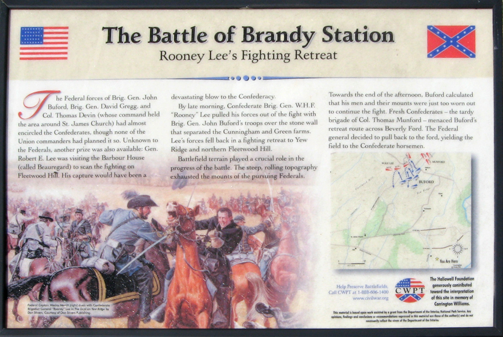 Closeup of the Ronney Lee's Fighting Retreat wayside marker on the Brandy Station battlefield