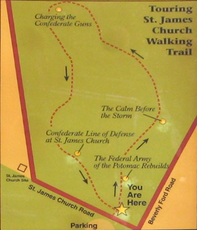Map from the marker at the start of the St. James Walking Tour on the Brandy Station battlefield outside Culpeper, Virginia