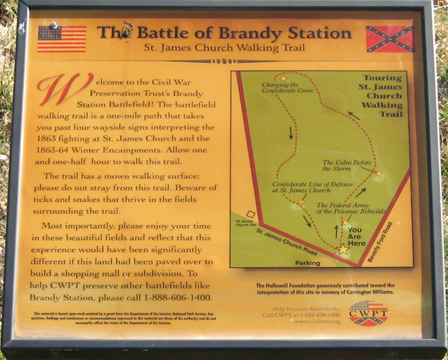 Closeup of the marker at the start of the St. James Walking Tour on the Brandy Station battlefield outside Culpeper, Virginia