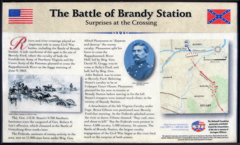 Closeup of the Surprises at the Crossing wayside marker is on the Civil War Trust's Buford's Knoll Walking Trail on the Brandy Station Battlefield