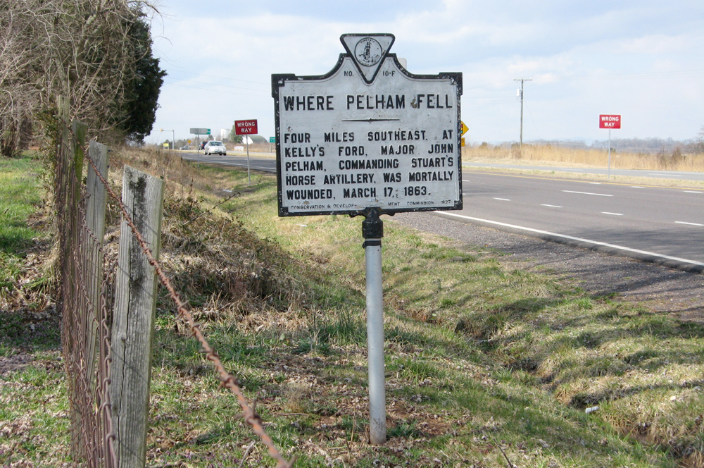 The "Where Pelham Fell" Virginia historical marker near Brandy Station, Virginia.