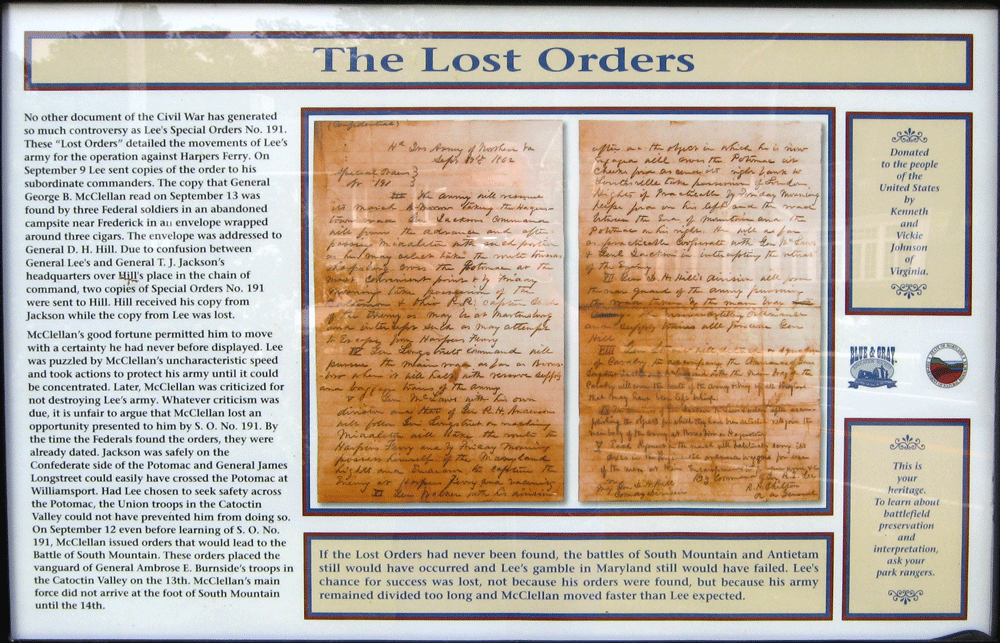 The "Lost Orders" wayside marker on the South Mountain battlefield near frederick, Maryland.