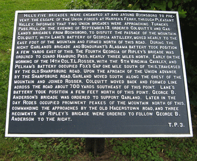 Third in a series of six War Department markers describing the 1862 Battle of Turner's Pass (or Turner's Gap) on South Mountain