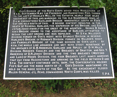Fourth in a series of six War Department markers describing the 1862 Battle of Turner's Pass (or Turner's Gap) on South Mountain