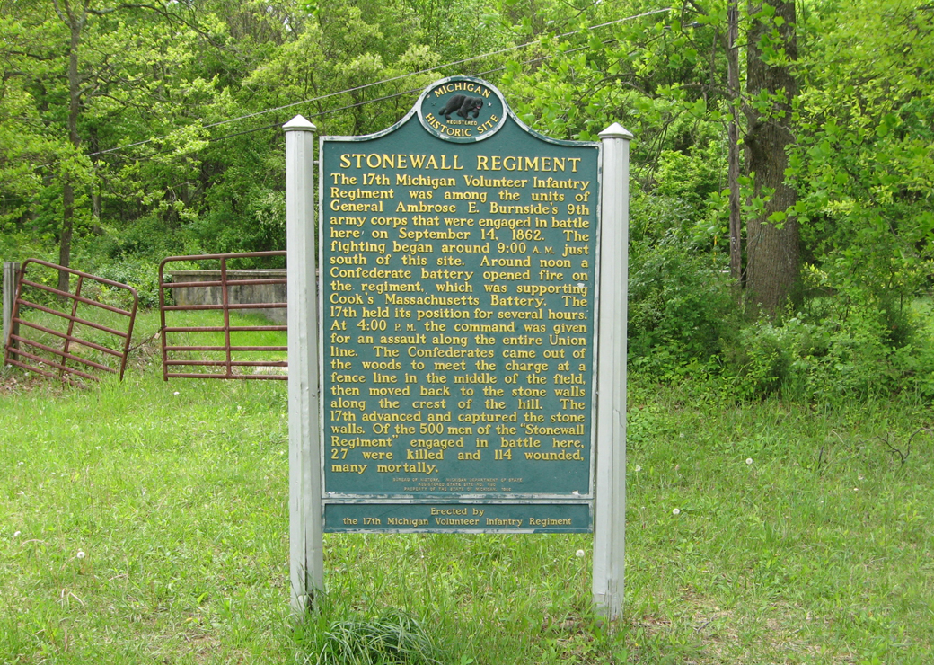 Rear view of the monument to the 17th Michigan Volunteer Infantry Regiment on South Mountain