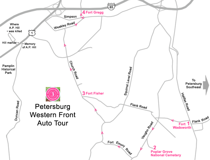Map of the tour of the the Western Front of the Petersburg, Virginia, battlefield