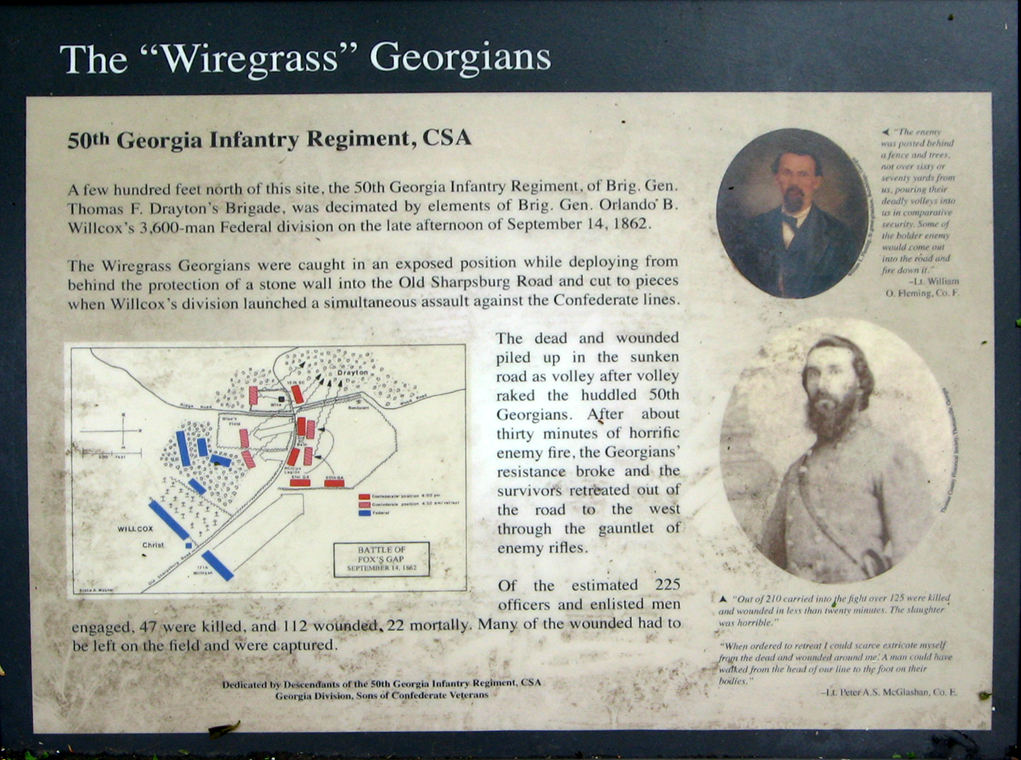 Closeup of the "Wiregrass" Georgians wayside marker at Fox's Gap on the South Mountain battlefield