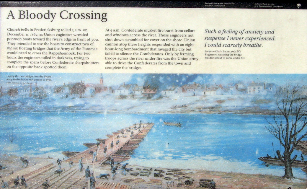 A Bloody Crossing wayside marker at Chatham Manor on the Fredericksburg battlefield