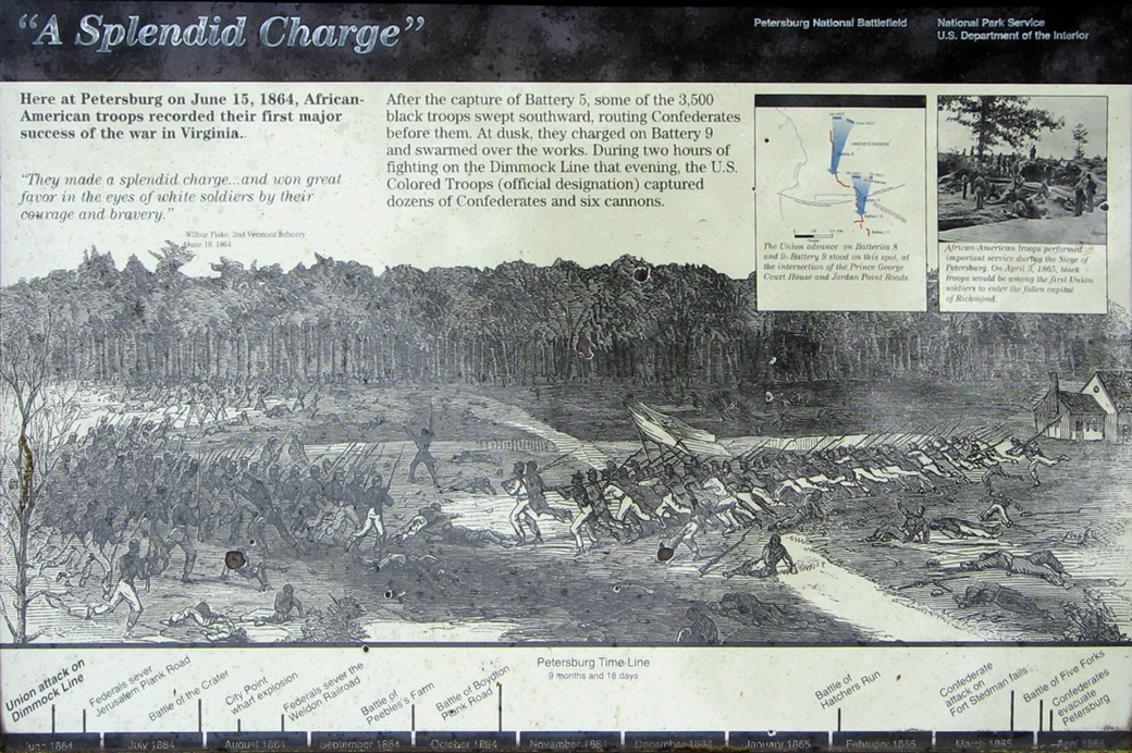 The 'A Splendid Charge' wayside marker on the Petersburg National Battlefield
