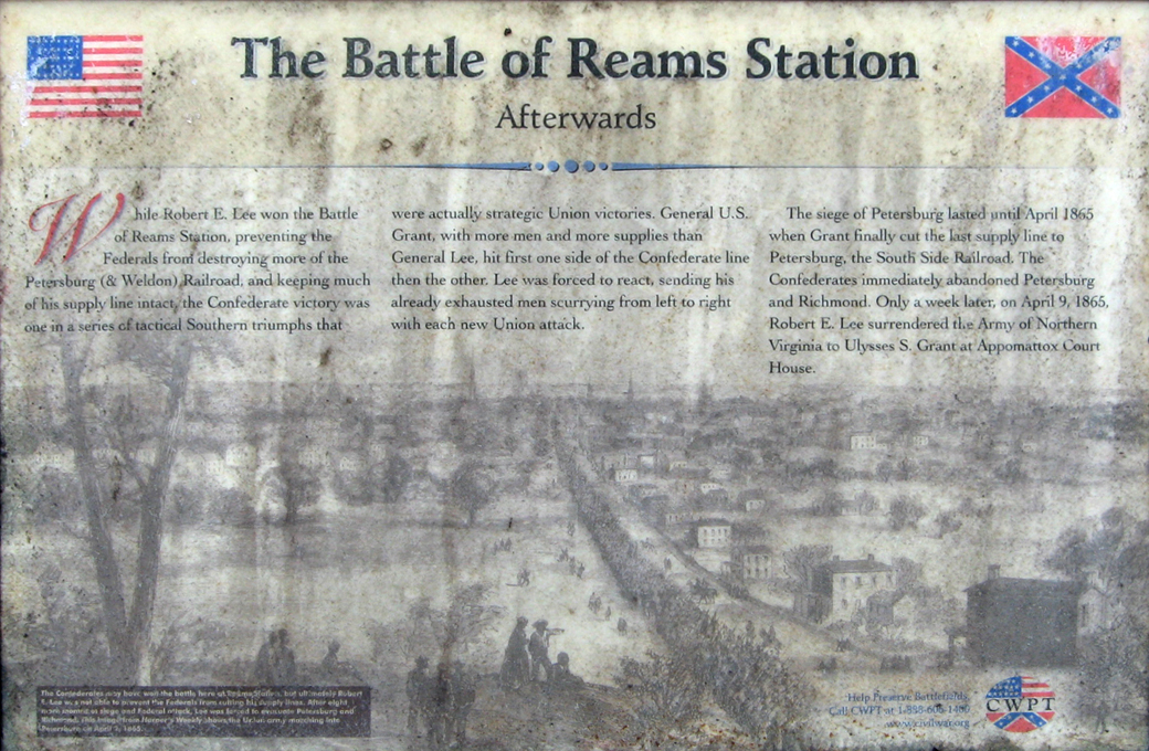 The Afterwards wayside marker on the Reams Station battlefield outside Petersburg, Virginia