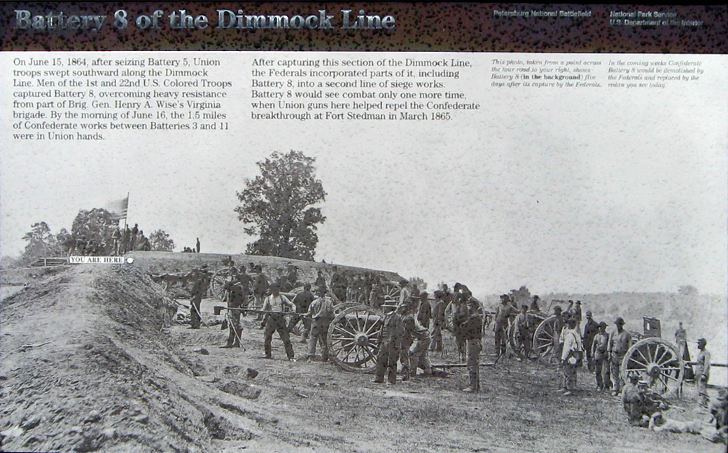 The 'Battery 8 of the Dimmock Line' wayside marker on the Petersburg National Battlefield