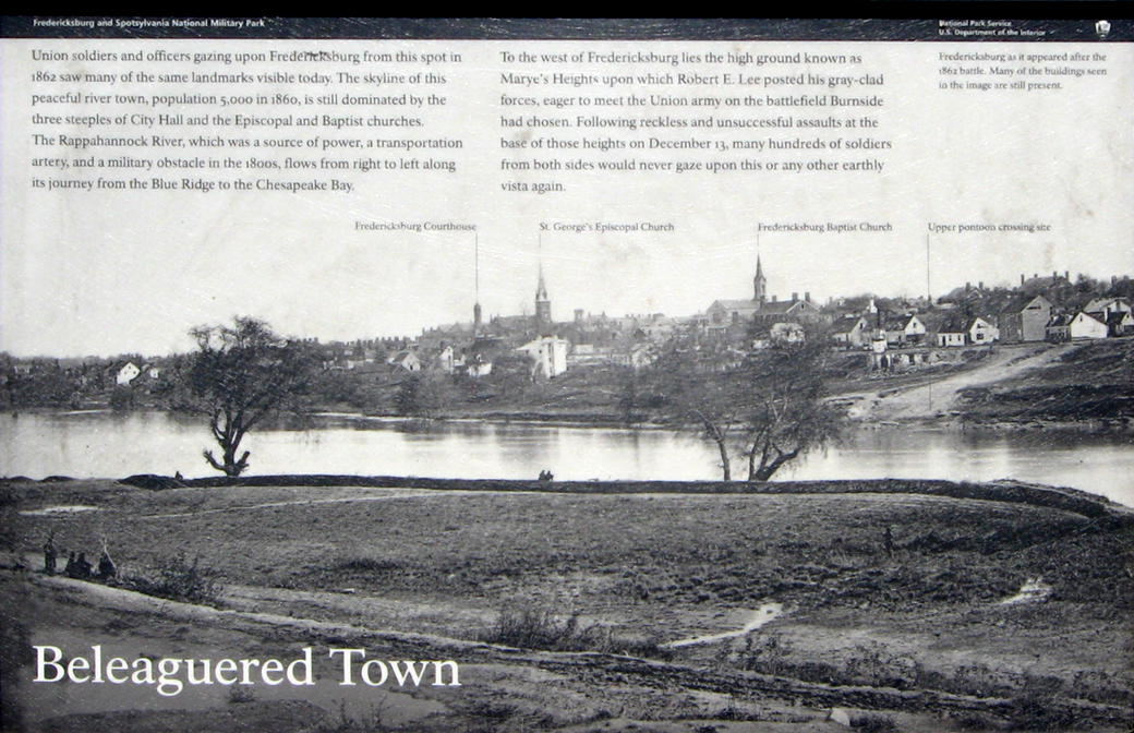 Beleaguered Town wayside marker at Chatham Manor on the Fredericksburg battlefield