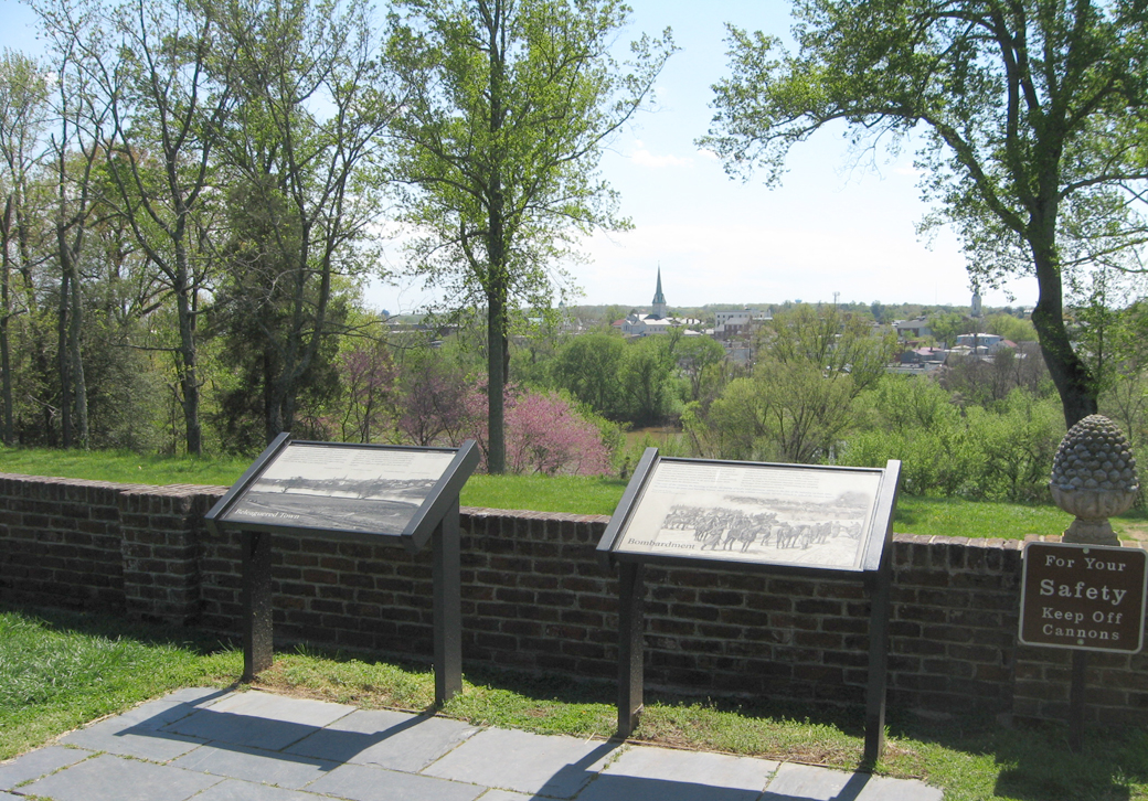 Bombardment and Beleaguered Town wayside markers at Chatham Manor on the Fredericksburg battlefield