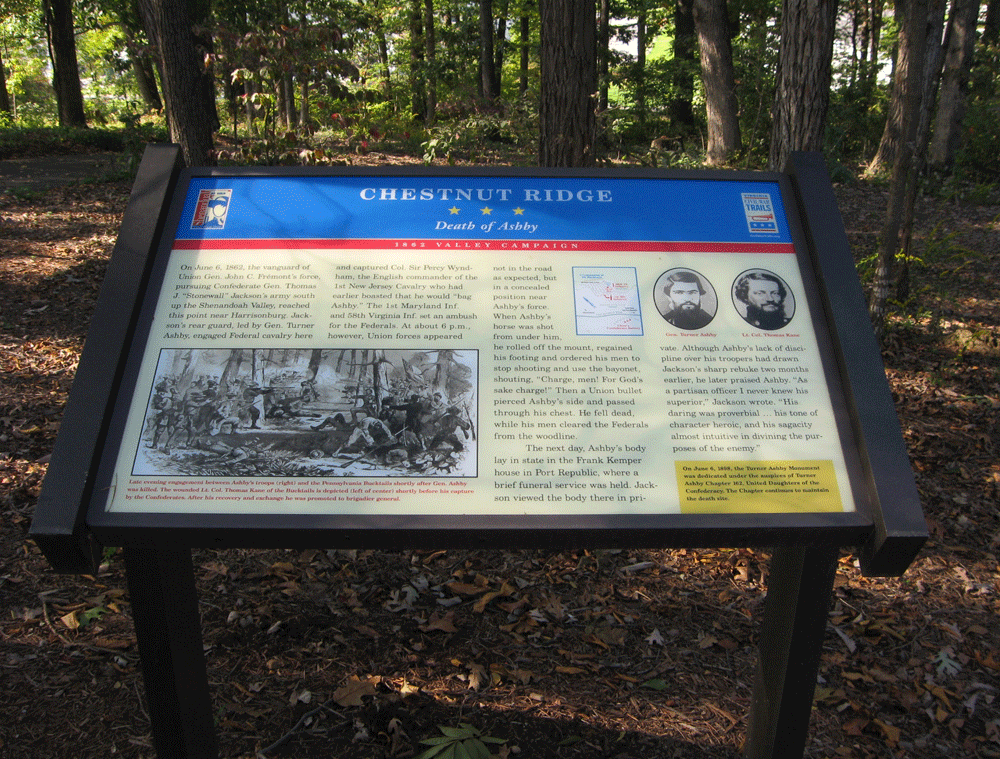 The Chestnut Ridge wayside marker is on the south side of Harrisonburg, Virginia.