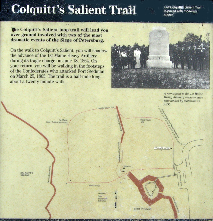 Closeup of the The 'Colquitt's Salient Trail' wayside marker on the Petersburg National Battlefield