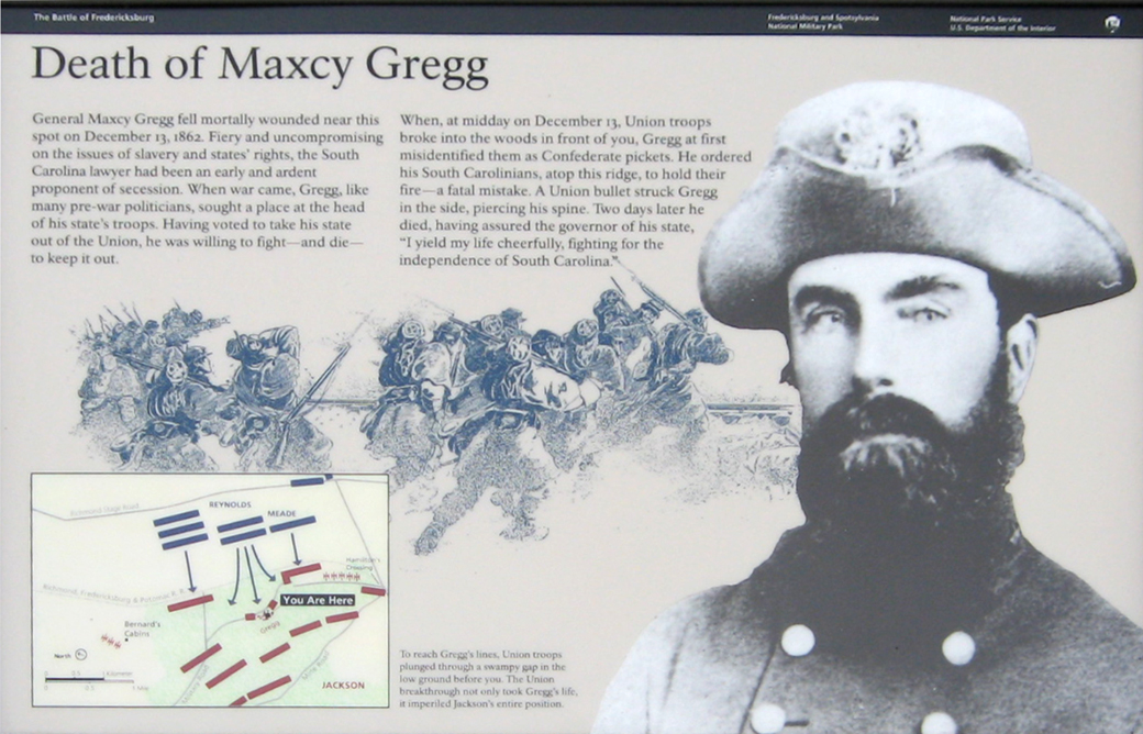 The "Death of Maxcy Gregg" wayside marker on the Fredericksburg battlefield