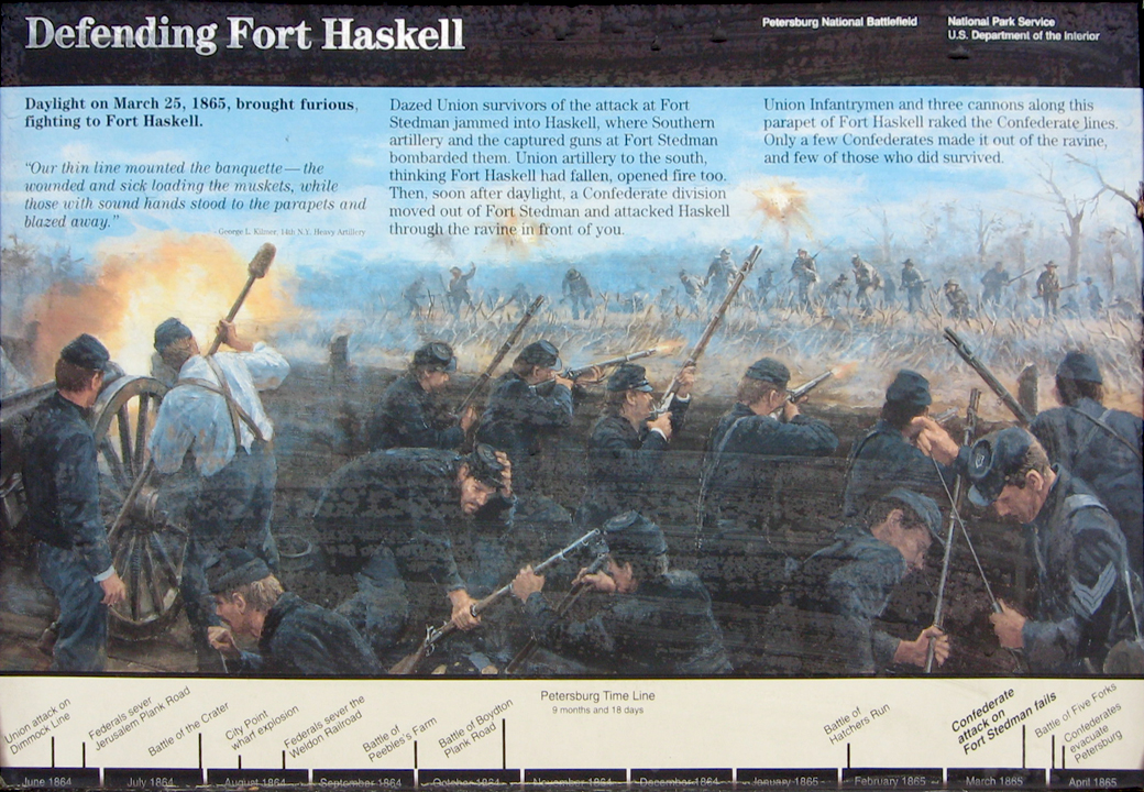 The 'Defending Fort Haskell' wayside marker on the Petersburg National Battlefield