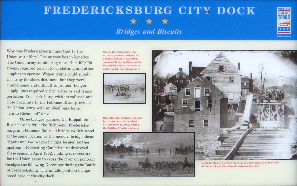 Bridges and Biscuits wayside marker at the City Dock at Fredericksburg, Virginia