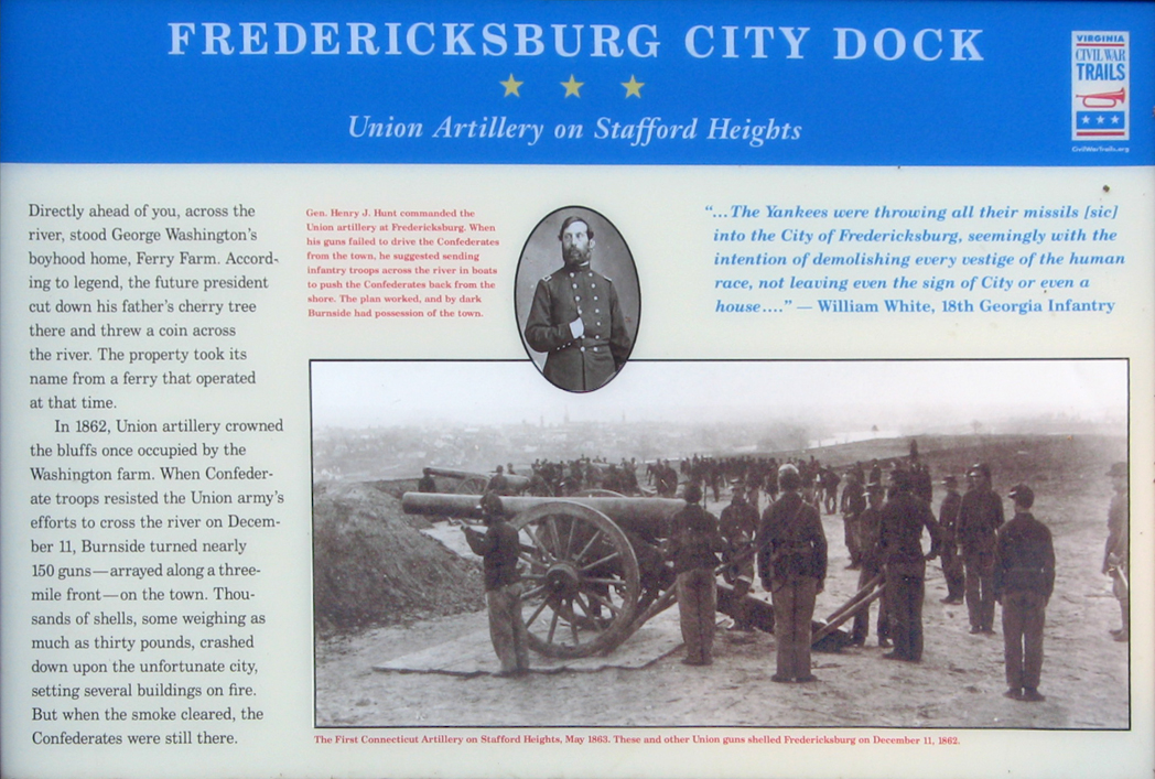 The Union Artillery on Staﬀord Heights wayside marker is at the Fredericksburg City Dock.