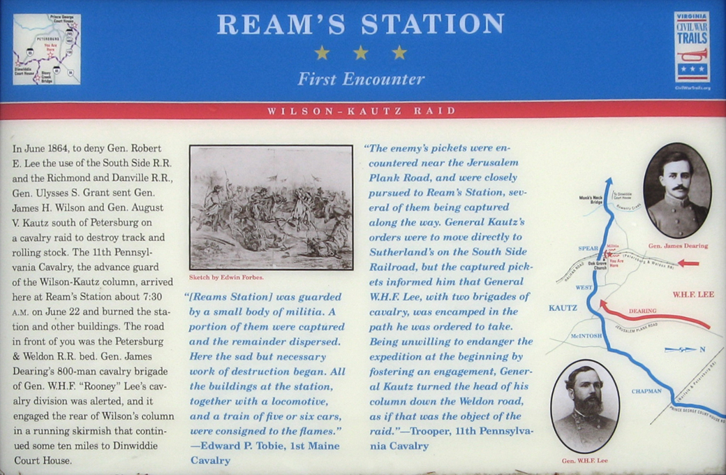 First Encounter wayside marker on the Reams Station battlefield near Petersburg, Virginia