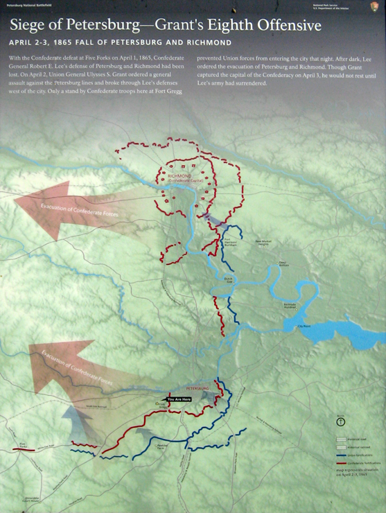 The 'Siege of Petersburg - Grant's Eighth Offensive' orientation marker on the Petersburg battlefield