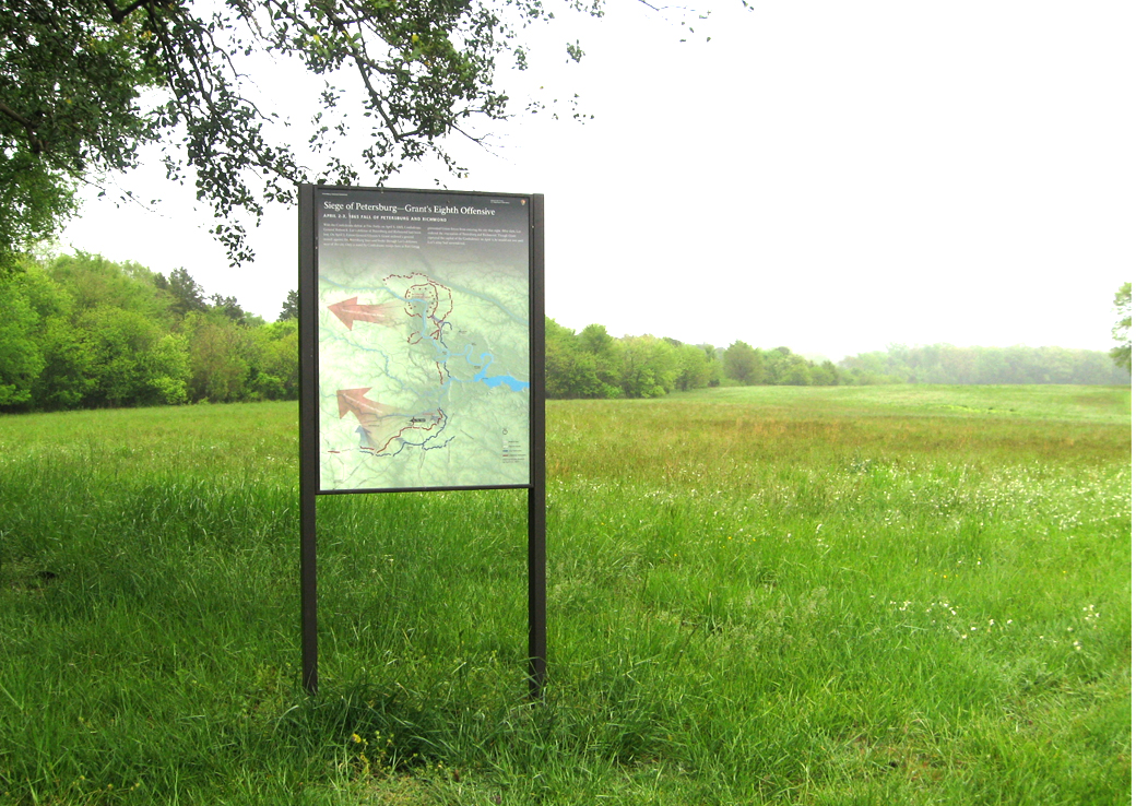 The 'Siege of Petersburg - Grant's Eighth Offensive' orientation marker on the Petersburg battlefield