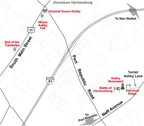 Map of Civil War monuments and historical markers around Harrisonburg, Virginia