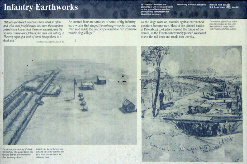 The 'Infantry Earthworks' wayside marker on the Petersburg National Battlefield
