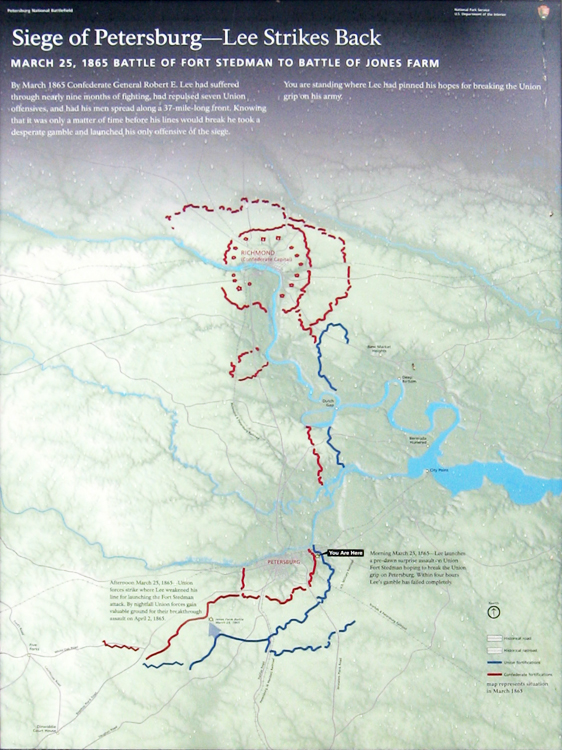 The 'Siege of Petersburg - Lee Strikes Back' orientation marker on the Petersburg National Battlefield