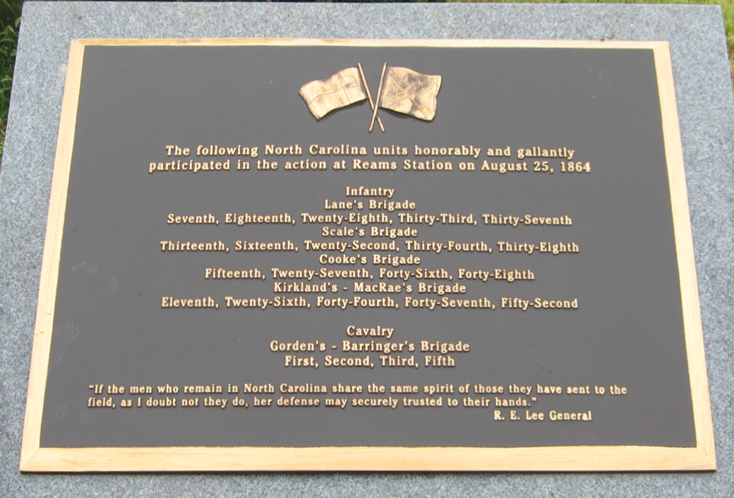 Tablet from the State of North Carolina monument on the Reams Station battlefield outside Petersburg, Virginia.